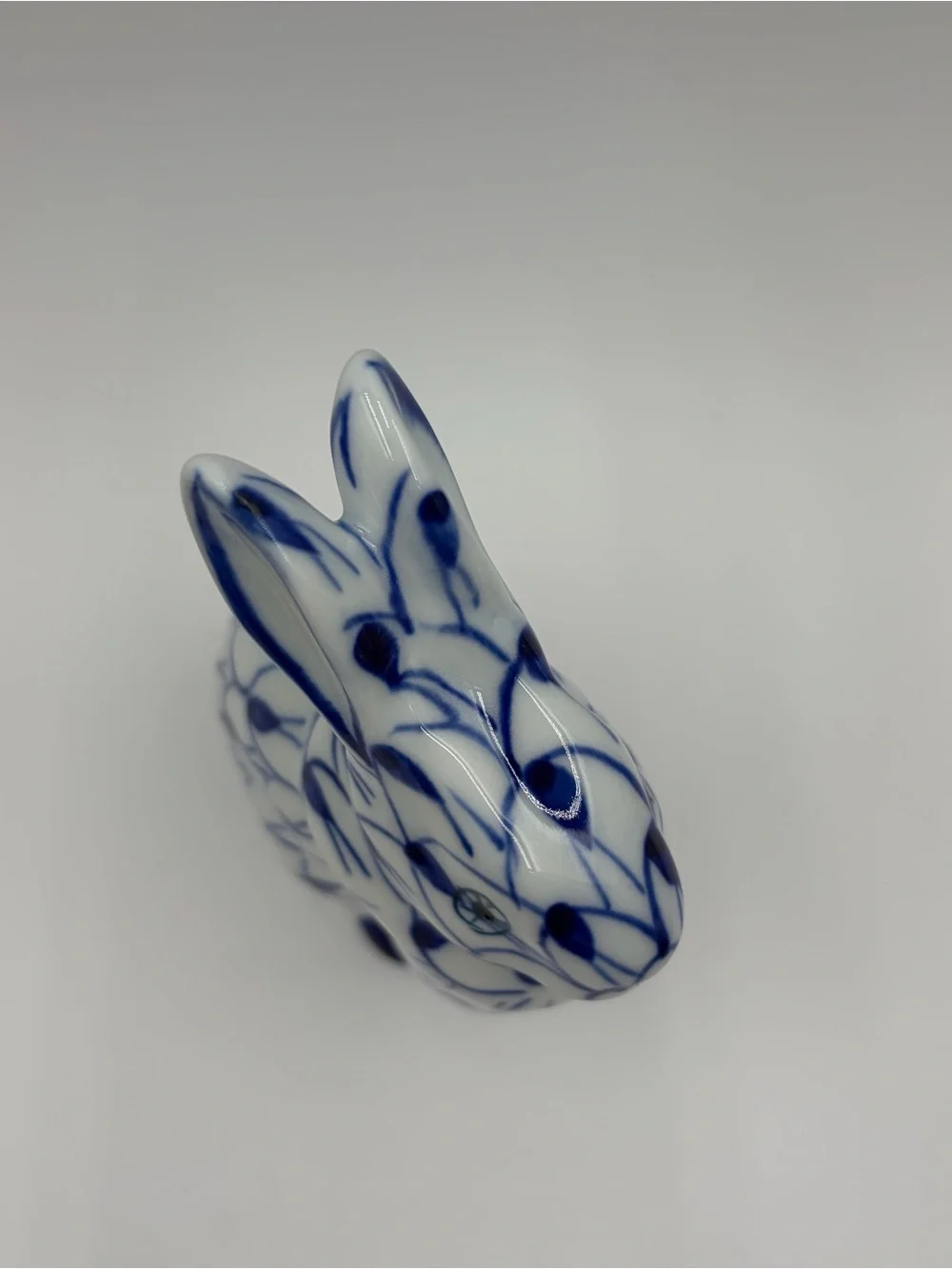 Andrea by Sadek Vintage Blue and White Fishnet Porcelain Bunny Rabbit Figurine